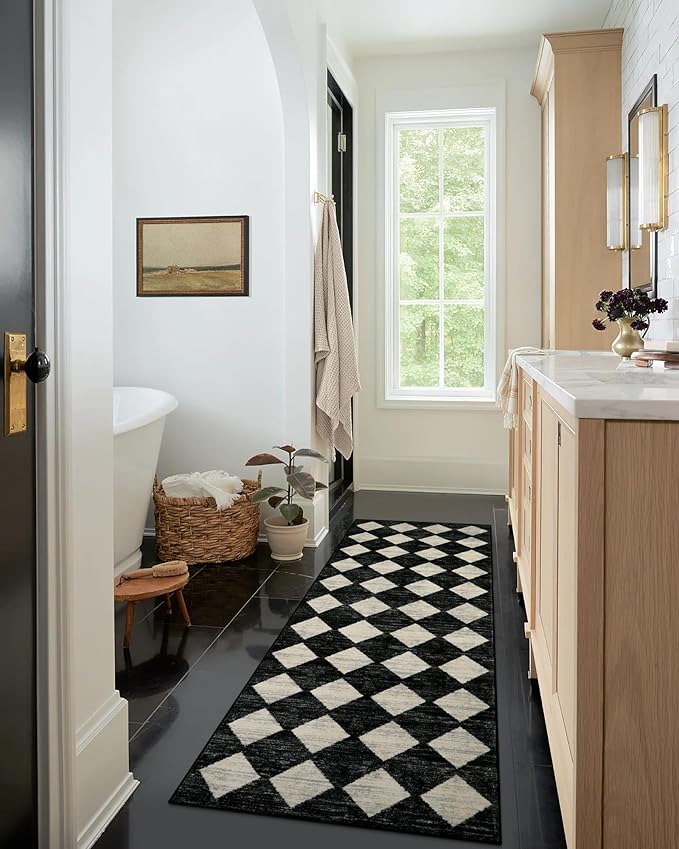 Lahome Washable Kitchen Runner Rug, 2x7 Black and White Hallway Runner Rugs with Rubber Backing Bathroom Runners, Moroccan Trellis Soft Non Slip Stain Resistance Carpet Runners for Entryway Bedside