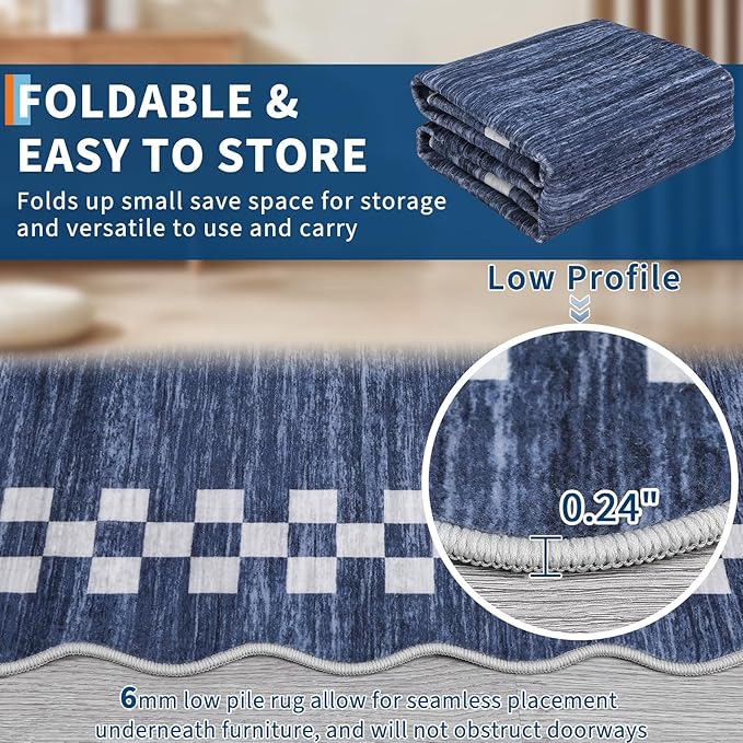 GarveeHome Washable Rug 5x7 for Living Room Large Bedroom Scalloped Rug Non Slip Stain Resistant Modern Border Throw Carpet Soft Boho Rug for Dining Room Nursery Home Office, Blue