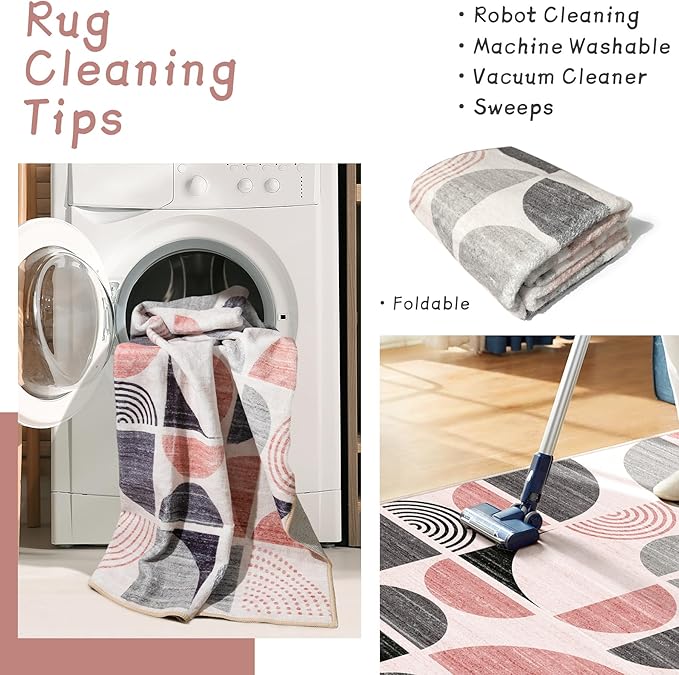 MUJOO Pink Washable Rugs 9x12,Boho Area Rugs for Living Room Bedroom Dining Room,Large Throw Floor Carpet Non Slip Soft Modern Abstract Pink and Grey