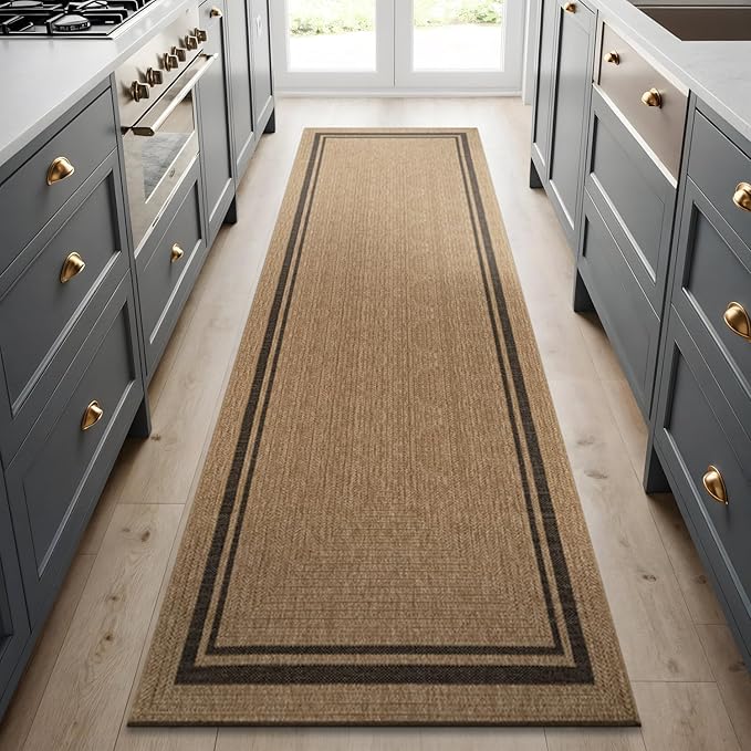 Beverly Rug Easy Jute Bordered Runner Rug 2x7 Washable Durable Indoor Outdoor Area Rugs for Living Dining Room Patio Office Stain Resistant Non Shedding Casual Indoor Outside Carpet 2 x 7 Natural