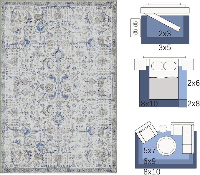 jinchan Kalen Runner Rug 3x8 Washable Area Rug Soft Vintage Indoor Floor Cover Thin Retro Distressed Blue Multi Carpet Floral Print Country Non Slip for Bathroom Kitchen Bedroom Living Room