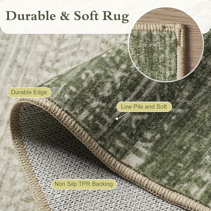 5x7 Area Rugs for Living Room Non Slip Machine Washable Rug Distressed Abstract Soft Indoor Carpet Neutral Boho Rug for Bedroom Dining Room Playroom Office, Green