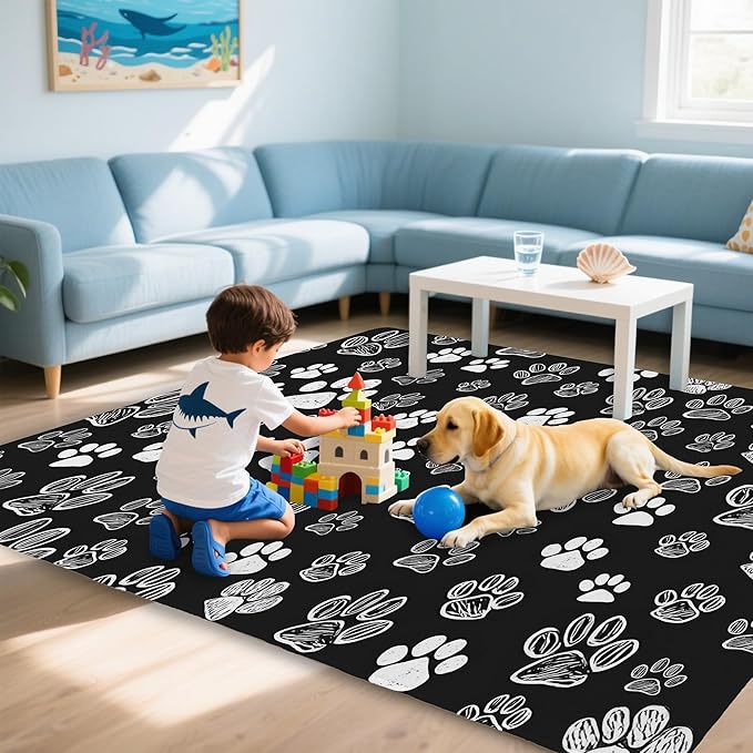 Cat Paws Black Area Rug for Living Room, Non-Slip Backing Low Pile Modern Abstract Rug for Indoor Use, 5x7 Washable Carpet
