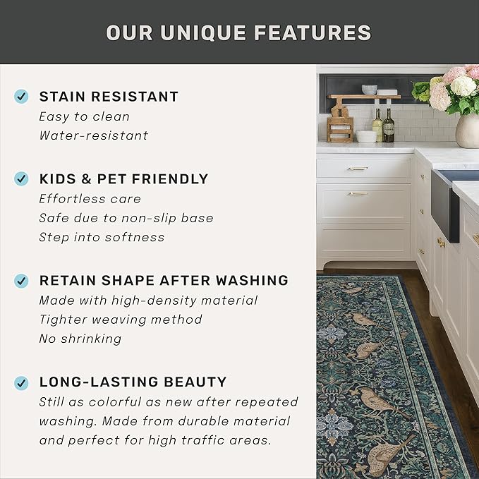 Cottagecore 5x7 Blue Rugs for Bedroom, Washable Forest Area Rug for Dining Room Under Table, Carpet for Living Room, Non Slip & Low Pile Soft Rug (Navy Blue & Deep Teal)