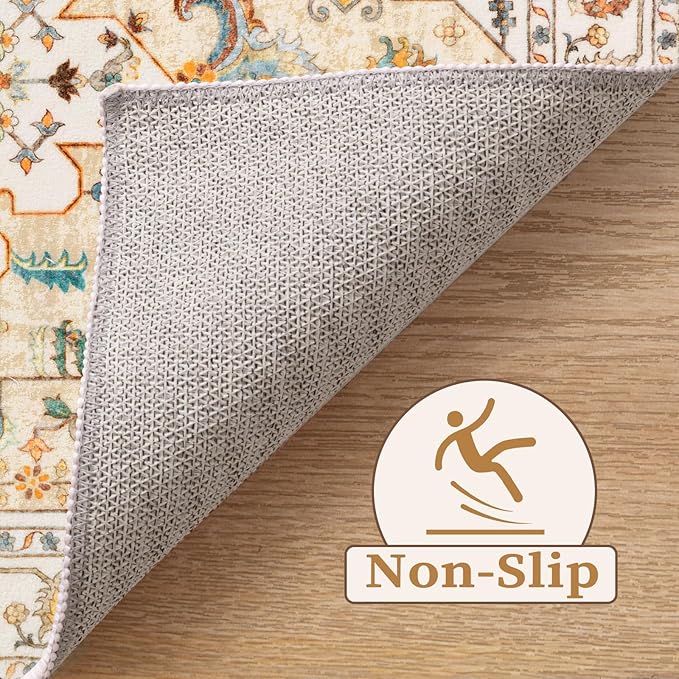 SERISSA Boho Area Rug 5x7 Light Yellow, Washable Large Rugs for Living Room, Ultra Soft Non-Slip Bedroom Rug Print Distressed Vintage Farmhouse Carpet Rug for Dining Room Dorm Office Home Decor