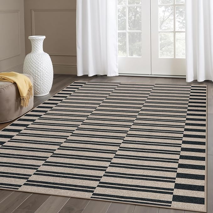 Lahome Striped Easy Jute Rug, 5x7 Outdoor Patio Rug Neutral Dining Room Rug Indoor Outdoor Carpet, Farmhouse Washable Non Slip Black Carpet for Backyard Living Room Office Deck