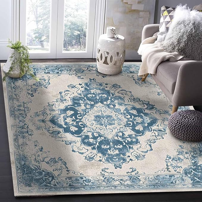 Blue Bohemian Rectangular Area Rugs for Living Room Bedroom 5 x 6.9 ft Vintage Farmhouse Floral Pattern Non-Shedding Soft Low Pile Rug Non Slip Washable Rug for Nursery Entryway Playroom