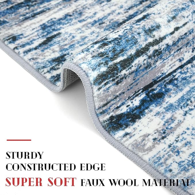 Modern Abstract 5x7 Machine Washable Area Rug Non-Slip Soft Bedroom Living Romm Rug Grey Blue White Thin Print Faux Wool Floor Carpet Throw Rugs for Nursery Playroom Dining Room Indoor