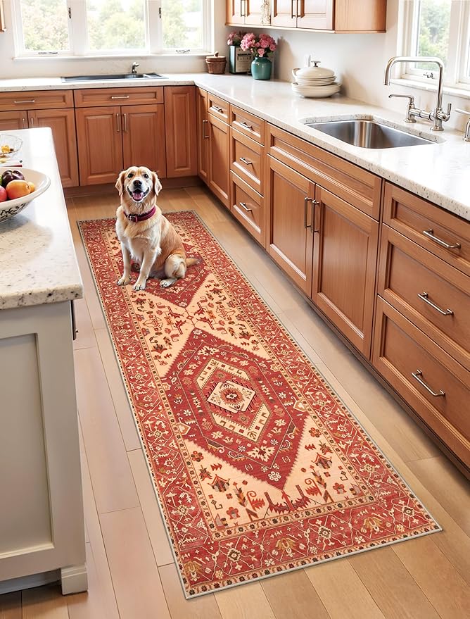SERISSA Boho Washable Runner Rug, 2x6 Rug Runner Non-Slip Vintage Red Beige Hallway Kitchen Runner Rug Ultra Soft Print Distressed Floor Carpet Runner for Bedroom Bathroom Laundry Living Room
