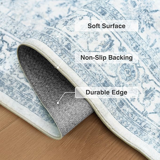 FMFUNCTEX 5x7 Washable Area Rug Blue Neutral Vintage Non Slip Low Pile Traditional Indoor Carpet for Living Room Bedroom Soft Retro Floral Mat Throw Rug for Dining Office Kitchen Dorm Entryway