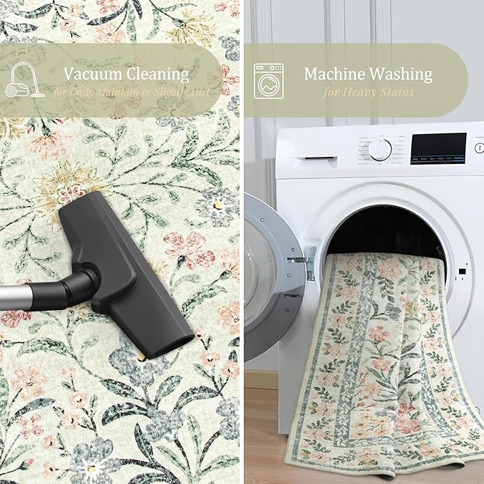 Morebes Washable Area Rugs 9x12 Living Room, Boho Large Cream Rugs for Farmhouse Non Slip, Soft Ultra-Thin Distressed Floral Carpet for Bedroom Nursery Girls Home Office Decor