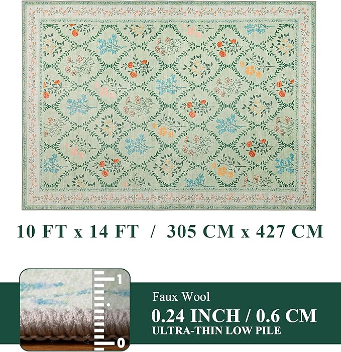 YIHOUSE Green Floral Print Rugs, Moroccan Trellis 10x14 Washable Large Rug, Modern Pastel Non Slip Ultra-Thin Area Rug for Classroom, Nursery Playroom,Dorm,Bedroom,Living Room, Green Multi