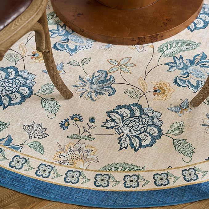 jinchan Elora Floral Corner Rug for Living Room Washable Bedroom Rug Vintage Romance Design Non Slip Quarter Circle Lightweight Low-Pile Throw Carpet for Reading Nook Playroom, 6ft Radius, Blue/Beige
