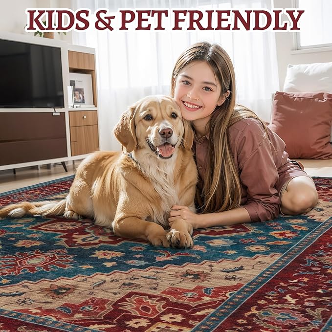 Tangsoo Oriental Red Rug 4x6 Washable Vintage Rugs Non Slip Indoor, Distressed Carpet for Living Room, Dining Room, Soft Low Pile Rugs Boho Foldable Floor for Bedroom Dorm Bedside Bathroom
