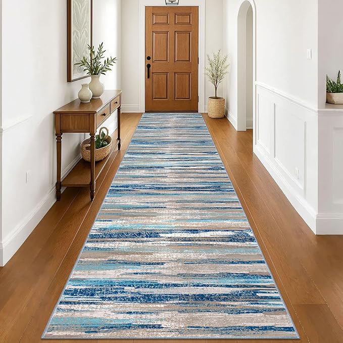 Modern Abstract Runner Rug 3x16, Blue Washable Long Kitchen Runner Non-Slip Soft Hallway Rug Runner Ultra Thin Print Faux Wool Carpet for Entryway Bedroom Laundry Room Indoor Home Decor