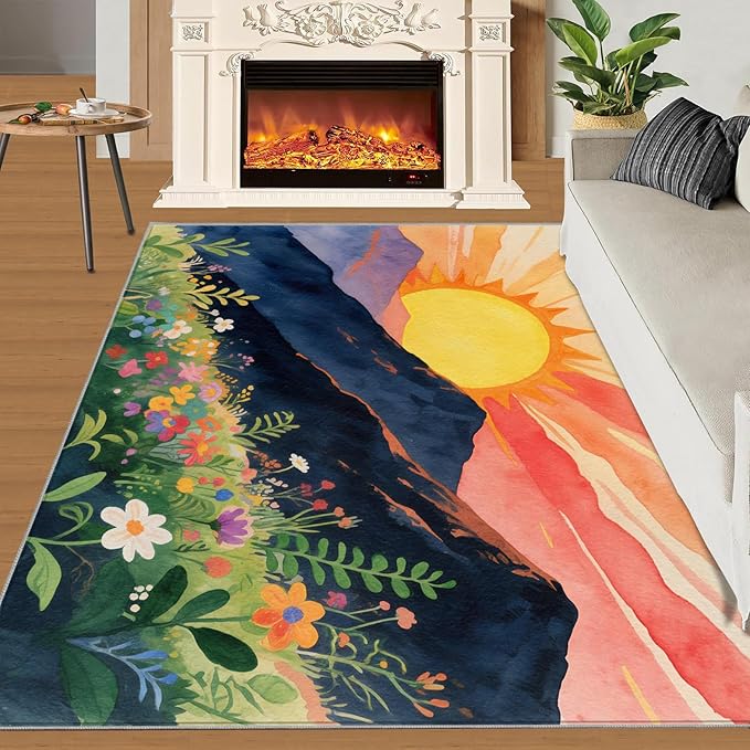 Boho Sun Area Rugs 4x5ft, Minimalist Line Kids Play Rug, Geometric Solar Throw Rugs Bedroom Fluffie Soft for Coffee Shop Living Room Under Table Game Room