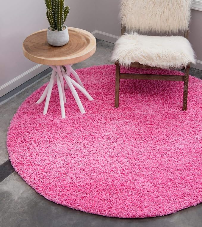 Unique Loom Solid Shag Collection Area Rug (6' 1" Round, Taffy Pink)