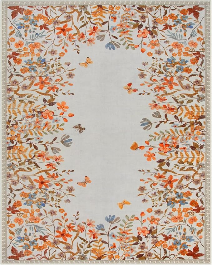 Wonnitar Fall Washable 8x10 Rug for Living Room, Soft Halloween Rug Floral Area Rug for Bedroom, Non Slip Dining Room Botanical Floor Carpet for Kids Nursery Playroom Guest Room (Orange,8'x10')