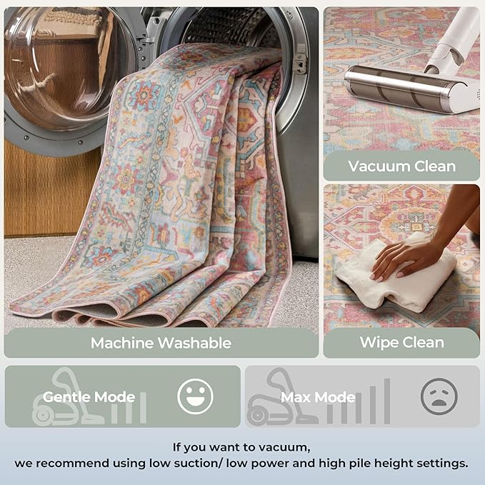 Kokia 5x7 Washable Area Rugs Pink Orange with Vintage Orient Design, Soft Rug for Living Room or Bedroom, Non-Slip Low Pile Stain Resistance Features, Distressed Medallion Pattern
