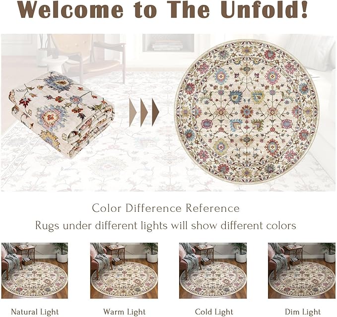 Washable Round Area Rug 4ft - Cream Colorful Traditional Floral Boho Living Room Circle Rug 4x4 Non-Slip Carpet Soft Vintage Bohemian Round Rugs for Bedroom Bathroom Kitchen Nursery