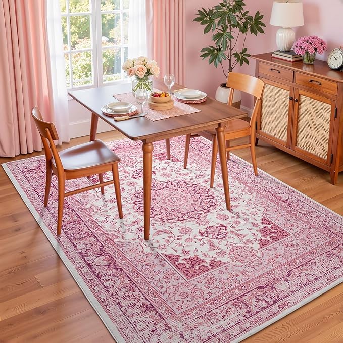 Bright Pink Area Rug for Living Room, 6x9 Machine Washable Rugs with Non-Slip Backing for Girls Bedroom, Large Vintage Carpet for Kitchen Laundry Kids Room