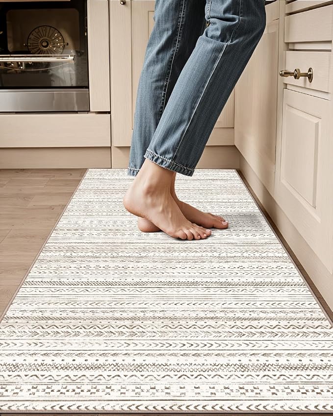 LUMI Washable Rug, 23x59 Kitchen Rugs for Entryway Bathroom, Non-Slip Indoor Door Mat Ultra-Thin, Small Oriental Throw Carpet for Bedroom Entry Office, White and Brown