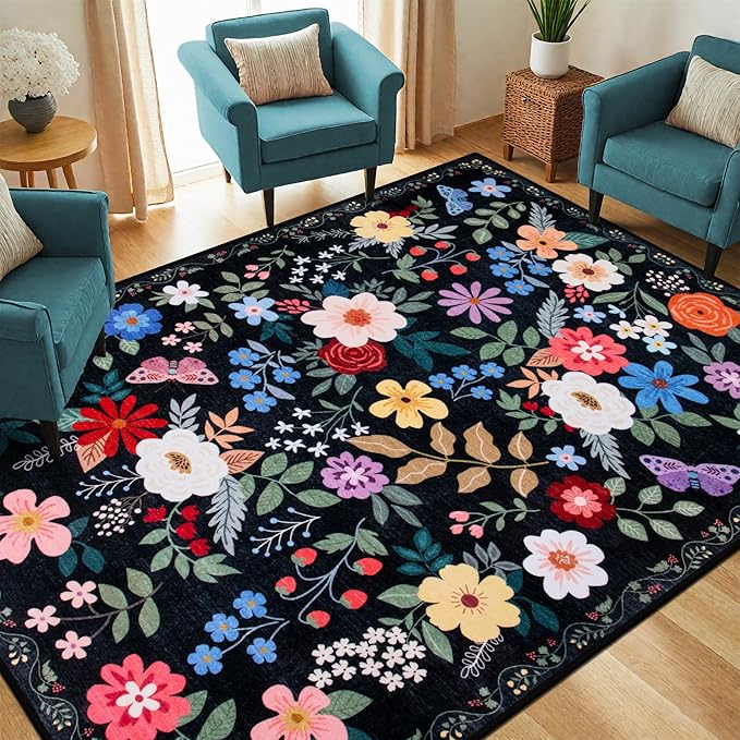 Area Rug Living Room Rugs: Floral 5x7 Washable Rug Vintage Soft Boho Non-Slip Carpet Indoor Floor Stain Resistant Large Carpets for Bedroom Dining Room Farmhouse Nursery Hallway Home Office Black