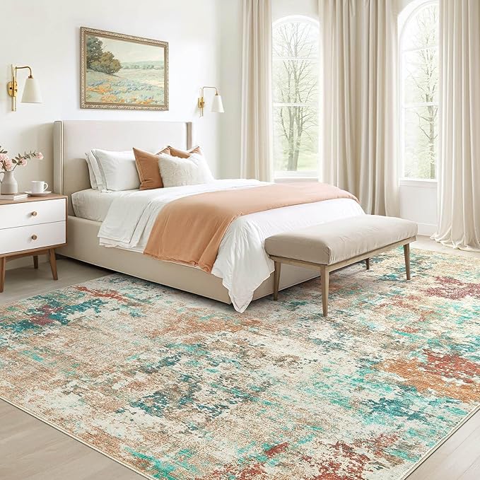 9x12 Christmas Area Rug Living Room Rugs - Washable Neutral Modern Abstract Soft Thin Large Rug Indoor Floor No Slip Rug Carpet for Bedroom Under Dining Table Home Office Decor - Colorful