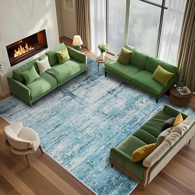 8x10 Abstract Area Rugs for Living Room, Modern Teal Grey Washable Indoor Rug for Bedroom, Thin Soft Large Non-Slip Carpet for Dining Room Home Office Farmhouse Decor - Teal+Gray