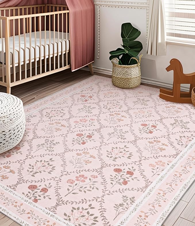YIHOUSE 6x9 Washable Rug for Bedroom, Pink Floral Rugs for Living Room Non Slip Ultra-Thin Large Boho Rug for Kids Playroom, Classroom, Girls Dorm, Nursery, Pink Multi