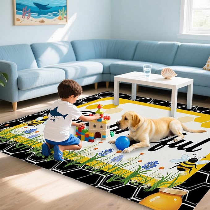 Bee Grateful Rug for Living Room 5x7, Low Pile Non-Slip Backing, Machine Washable Easy Fold Rug for Home, Office, Dorm Room