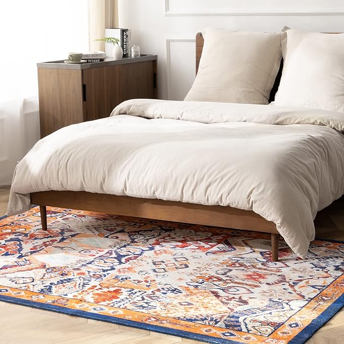 Phantoscope Washable Area Rug 3'x5' Non-Slip, Vintage Boho Rugs for Living Room, Bedroom, Dining Room, Distressed Persian Market Pattern, Low-Pile Foldable Floor Carpet, Navy/Orange