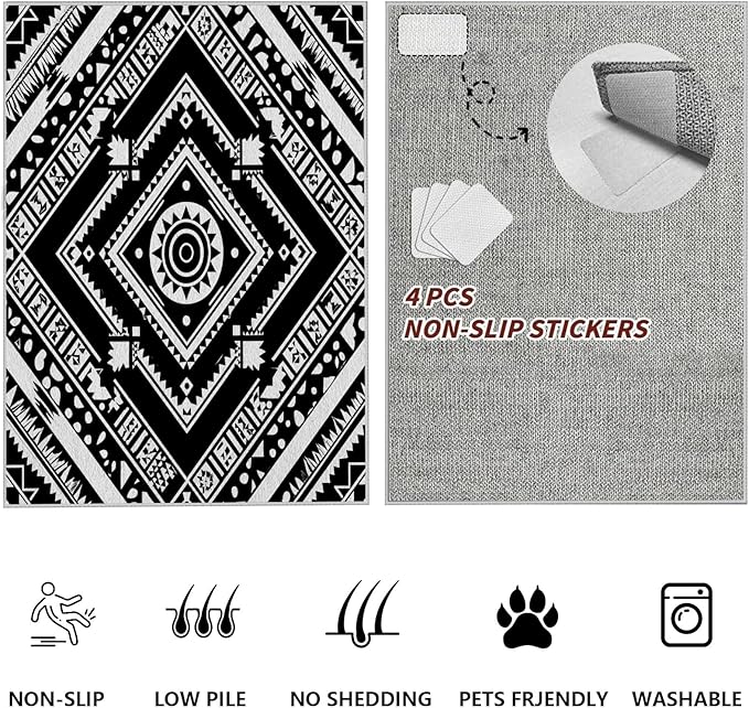 Area Rugs for Living Room 5x7, Moroccan Washable Low Pile Rug, Boho Neutral Farmhouse Ultra Soft Carpet for Bedroom Dining Room Home Decor, Geometric Print Tribal Carpets Black and White