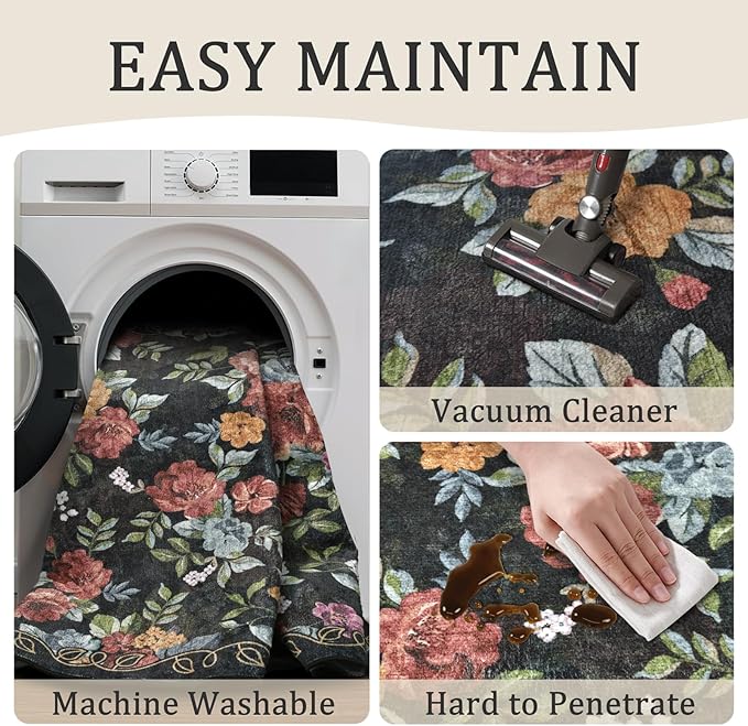 4x6 Machine Washable Area Rug for Living Room, Black Vintage Boho Floral Rug Large Non-Slip Low Pile Soft Faux Wool Carpet, Kids and Pets Friendly for Bedroom Dining Room Farmhouse Home Decor Rug