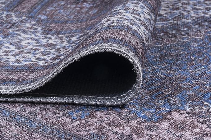 GLN Rugs Traditional Collection - Machine Washable Area Rug, Traditional Washable, Non Slip, Low Pile Chenille Rug, Living Room, Bedroom, Kitchen Rug (3' x 5' Navy/Off White)