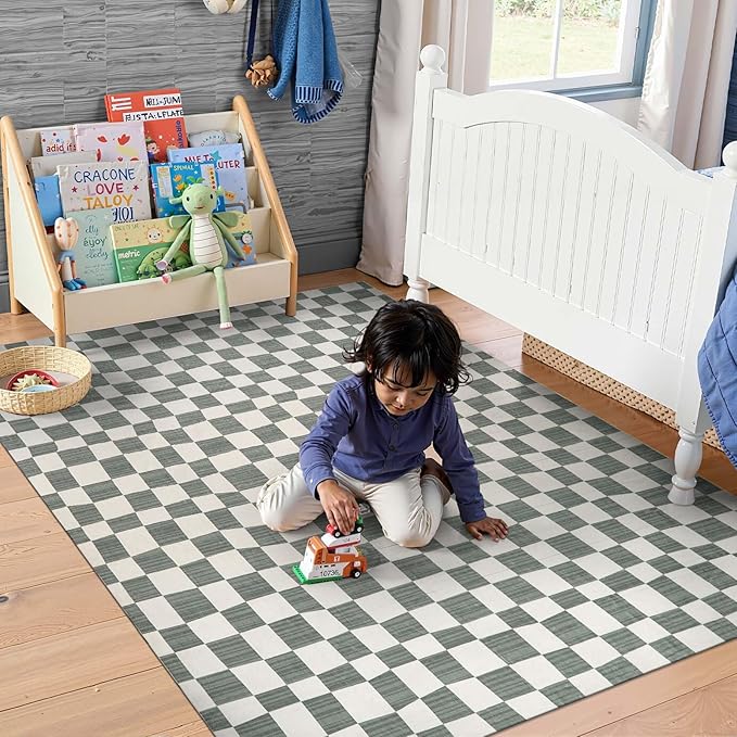 jinchan 4x6 Checkered Area Rugs for Kids Room - Machine Washable Soft Rug Modern Geometric Lattice Non-Slip Carpet for Nursery Playroom Bedroom Entryway Living Room Dining Room Home Office Grey
