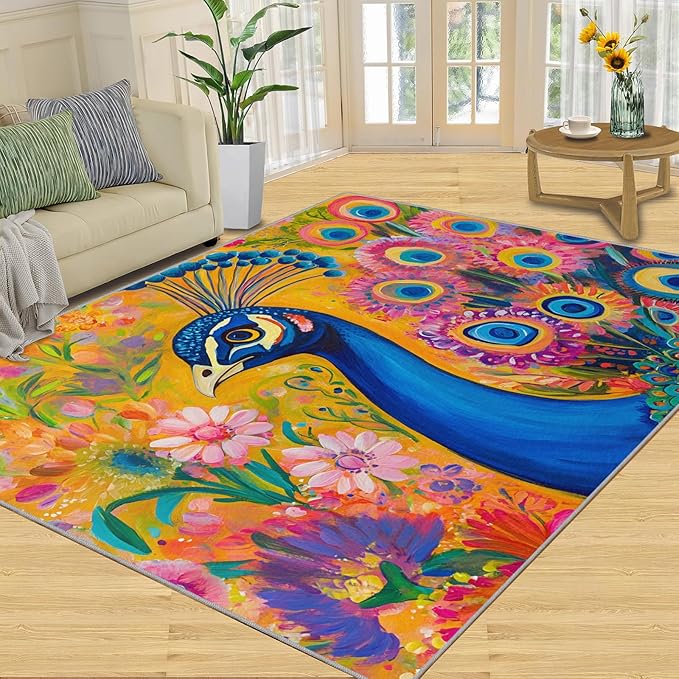 Peacock Rugs for Living Room - 4x5 Rug, Boho Floral Botanical Area Rugs for Bedroom, Wonderful Peacock Rug, Peafowl Washable Carpet, Floral Animal Carpet - Peafowl Home Decor & Gifts