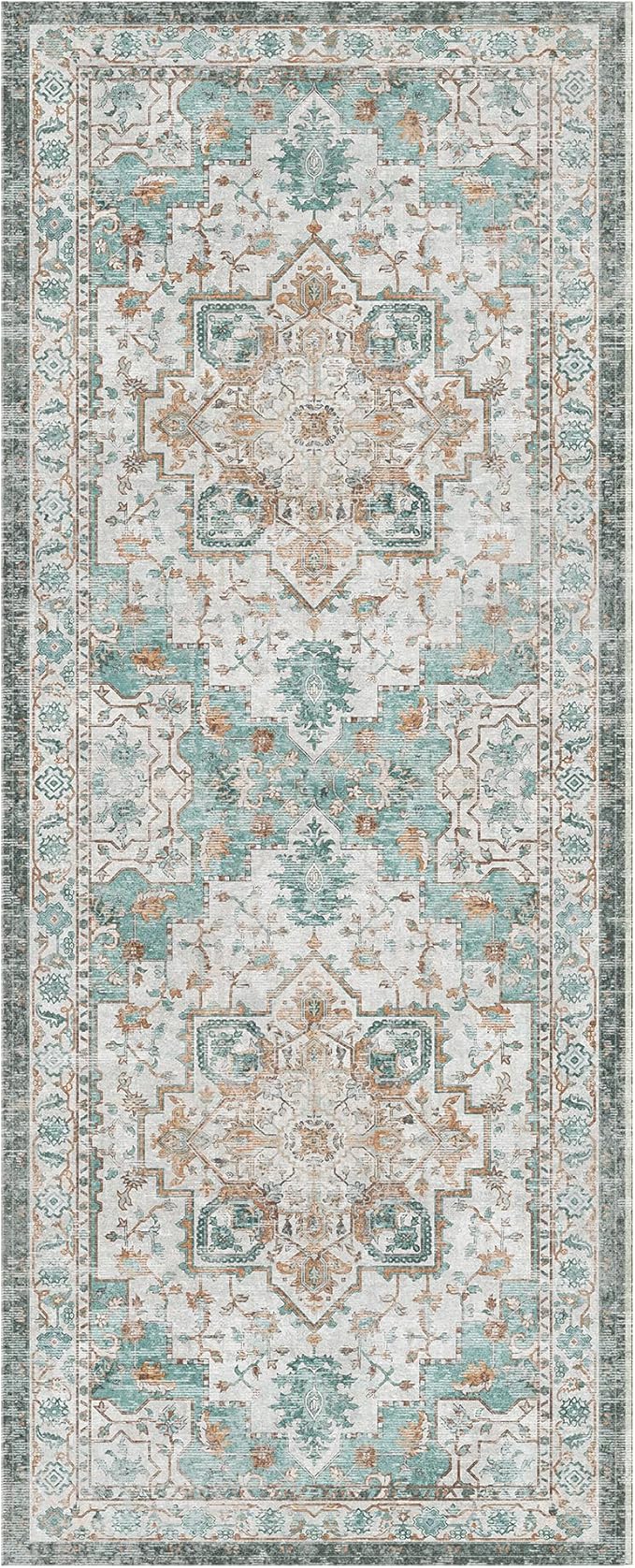 GENIMO 2x6 Runner Rugs for Hallway, Machine Washable Non Slip Vintage Rugs, Low Pile Lightweight Soft Print Rug for enrtyway, Corridor, Home Office, Kitchen, Cyan
