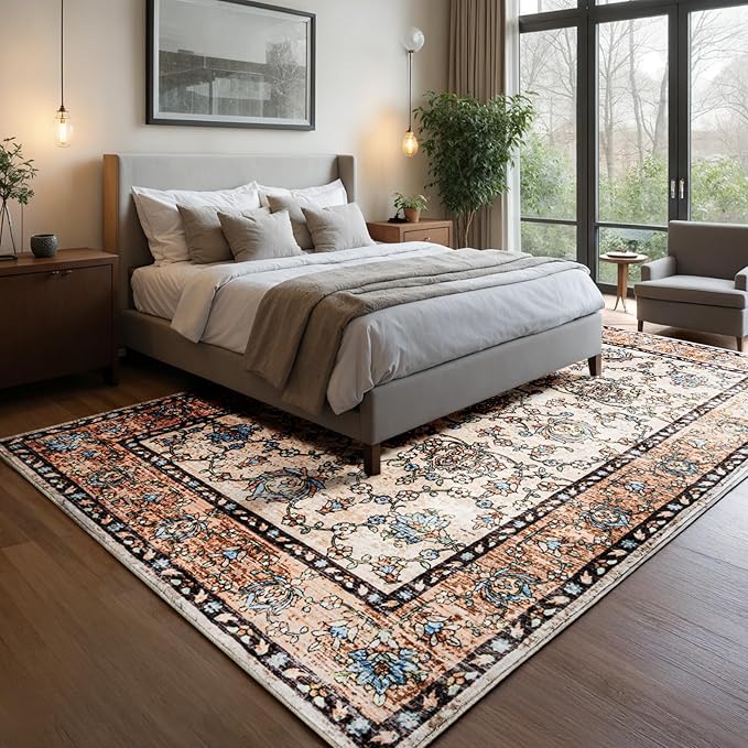 Area Rug 5x7, Washable Faux Wool Throw Rugs for Living Room, 0.3″ Non Slip Low Pile Vintage Boho Carpet for Ding Room, Home Office, Bedroom, Kids Room, Bedside (Khaki)