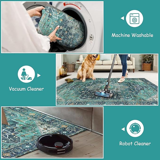Moynesa Ultra-Thin Washable Round Rug - 4ft Oriental Circle Area Rugs for Bedroom Entryway, Teal Vintage Non Slip Non Shedding Low Pile Carpet for Living Room Coffee Table Kitchen