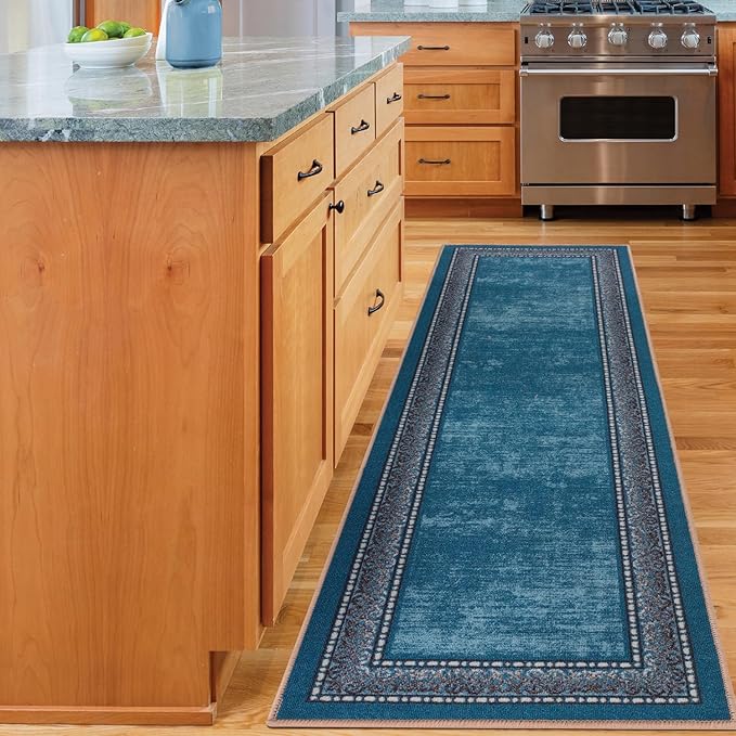 Antep Rugs Alfombras Bordered Modern 2x5 Non-Slip (Non-Skid) Low Pile Rubber Backing Kitchen Area Runner Rug (Turquoise Blue, 2' x 5')