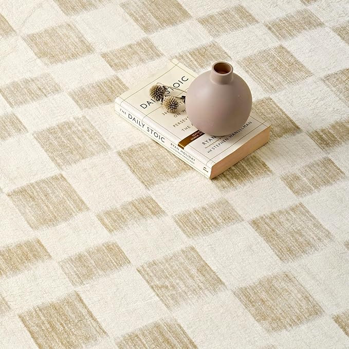 EVERGRACE Checkered Plaid Area Rug 2x10, Soft Fuzzy Faux Wool Rugs Washable Anti Slip Rugs Long Runner Rug Carpet for Entryway Bedroom Living Room Hallway Kitchen Dining Room and Laundry Room, Beige