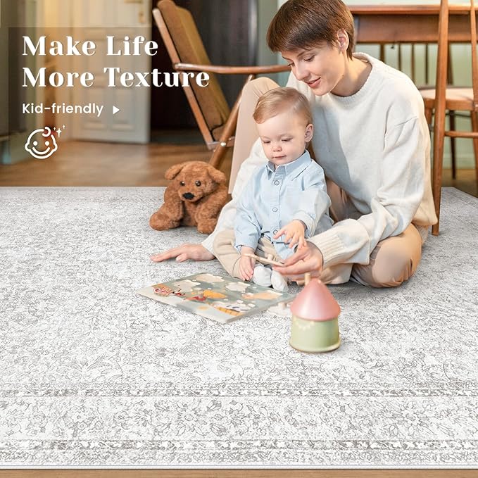 6x9 Area Rugs for Living Room: Washable Vintage Floral Rug Low Pile Non-Slip Boho Carpet for Nursery Bedroom Dining Room (Floral Grey, 6'x9')