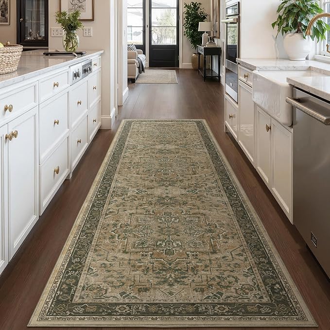 Retro 3x8 Rug Runners for Entryway Non Slip, Distressed Medallion Carpet Runners for Hallway 8ft, Low Pile Thin Runner Rug Non Slip Washable for Kitchen/Foyer/Mudroom/Bedroom, Multi Brown/Olive