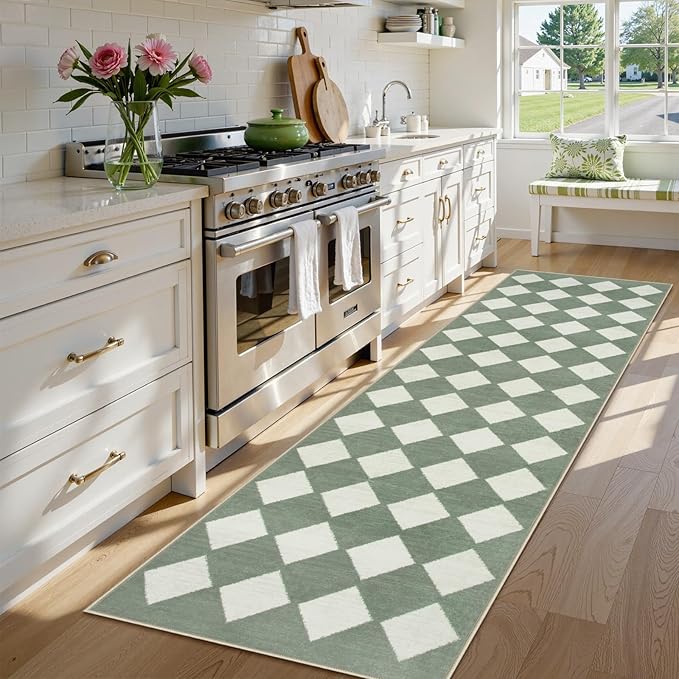Lahome Checkered Washable 2x8 Green Runners for Hallways Non Slip, Ultra-Thin Kitchen Bathroom Runner Rugs, Moroccan Trellis Throw Carpet Runner for Bedroom Entryway Decor (2'x8',Green)