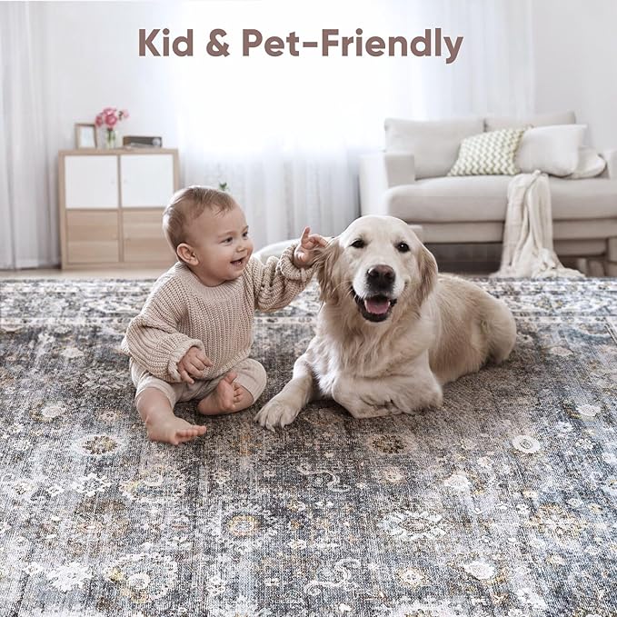 Rugcomf Area Rug 5x7 Washable Rug Boho Soft Non-Slip Non-Shedding Faux Wool Vintage for Living Room, Bedroom Rug, Farmhouse, Dining Room, Indoor, Kids Playroom (Grey)