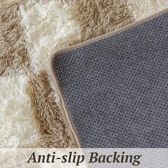 6x9 Area Rugs for Living Room Bedroom, Soft Fluffy Shaggy Bedside Rug, Indoor Floor Carpet for Kids Playroom, Dorms, Nursery Rooms, Home Decor (Camel & White 6'x9')