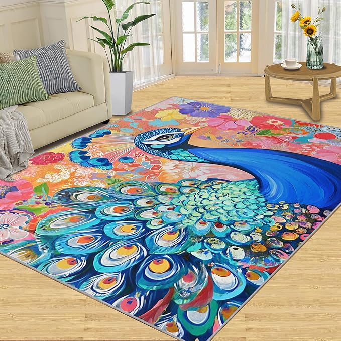 Peacock Area Rug 5x7-5x7 Rug, Boho Floral Rugs for Living Room, Colorful Carpet, Oil Painting Art Washable Area Rugs for Bedroom, Aesthetics Carpet - Peafowl Home Decor & Gifts