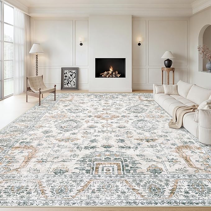 Area Rug 10x12 Living Room Rugs, Machine Washable Vintage Distressed Boho Area Rug Non-Slip Soft Low Pile Large Indoor Rugs for Bedroom Kitchen Dining Room Office(Brown Green,10'x12')