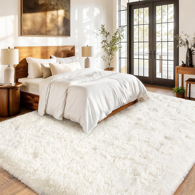 Cream White Plush Rug for Living Room Fuzzy Carpet for Bedroom Dorm, Non-Slip High Pile Rug, Shag Rug for Playroom Nursery Home Office Decor 8X10 Ft